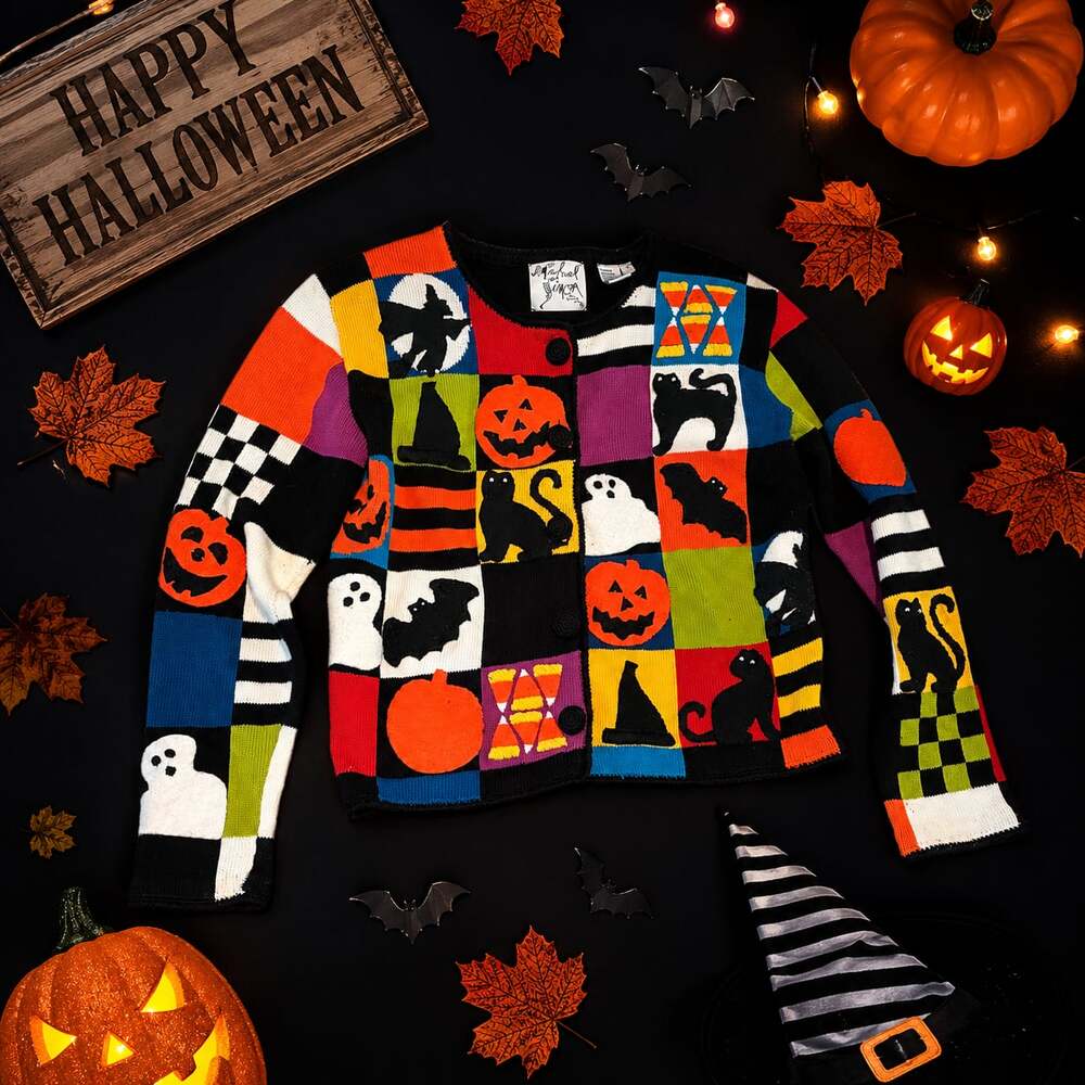 Michael Simon Vintage 1997 Halloween Patchwork Cardigan Sweater
